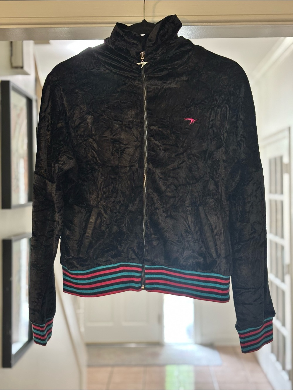 Azure 7 Black Crushed Velvet Track Jacket Full Zip Y2K Retro Neon Striped Size M